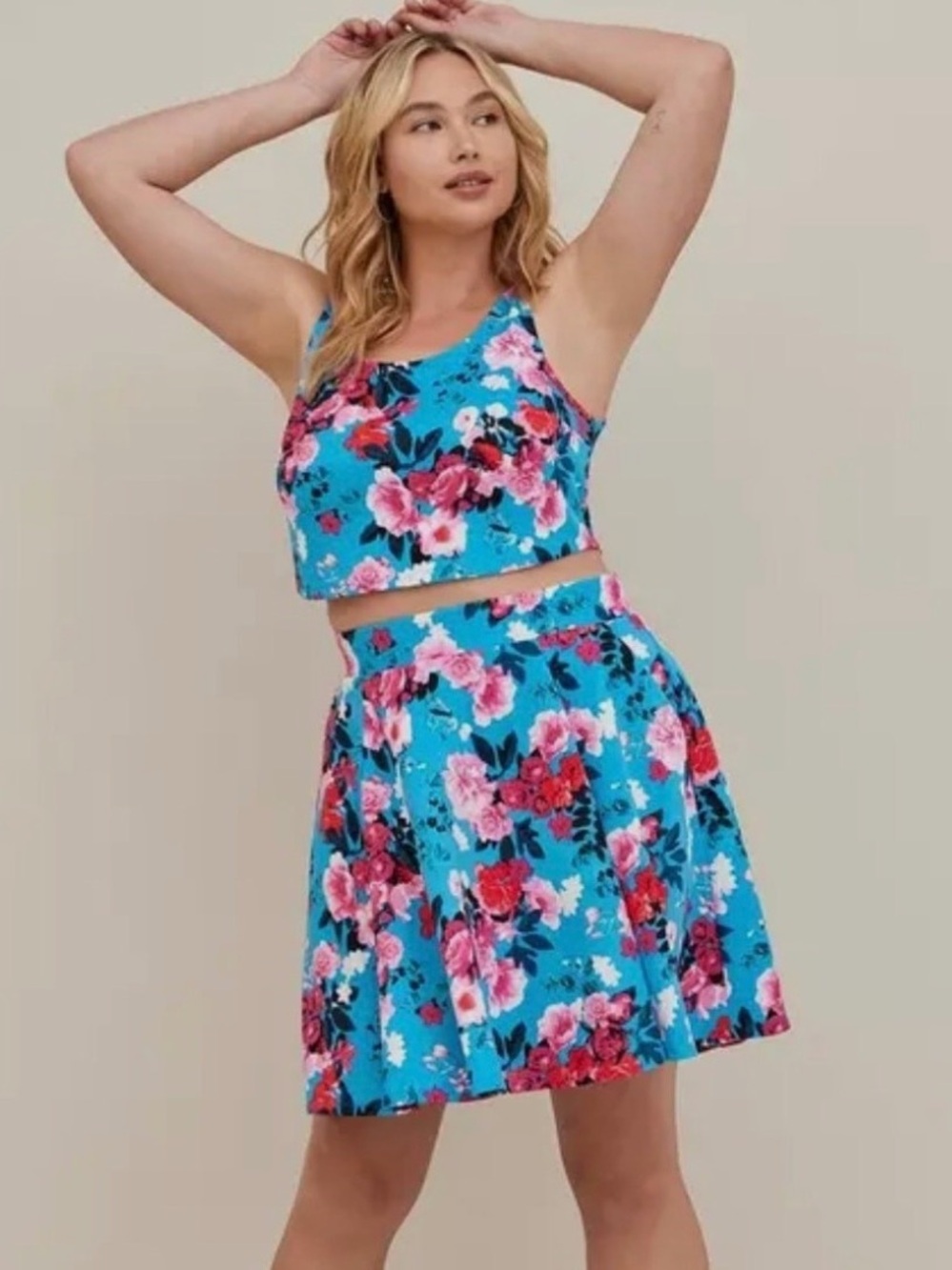 torrid Bright Turquoise Floral Crop Top with Pink Blooms and Matching Skirt